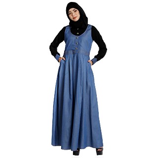 Classic Denim maxi dress with shirt collar- Black-Blue