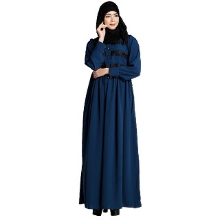 Casual collared abaya with lacework- Teal