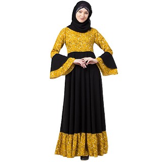 Printed Frilled abaya- Mustard-Black