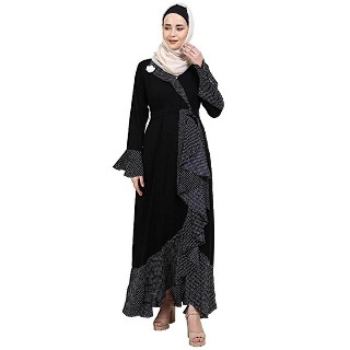 Designer abaya with Polka dotted frills- Black