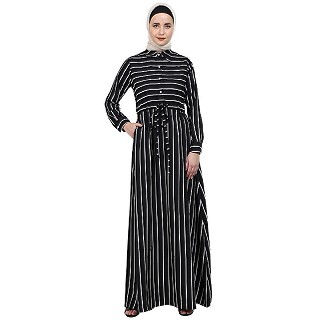 Striped abaya with collar- Black-White