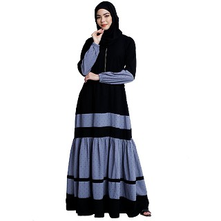 Designer maxi dress abaya- Black-Grey Dot