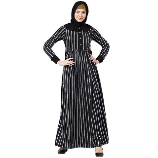 Black and White striped abaya with Baby collar