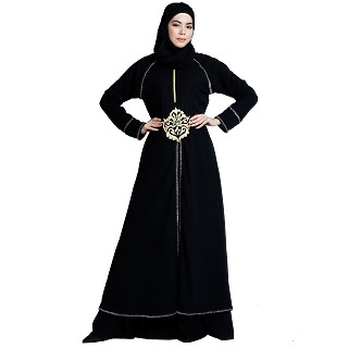 Designer double layered abaya with stone lacework- Black