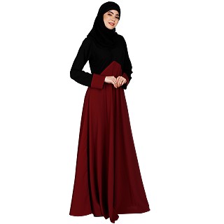 Dual color umbrella abaya-Maroon-Black