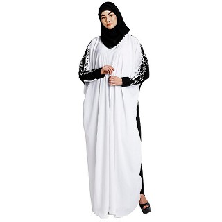Layered abaya with embroidery work-White-Black