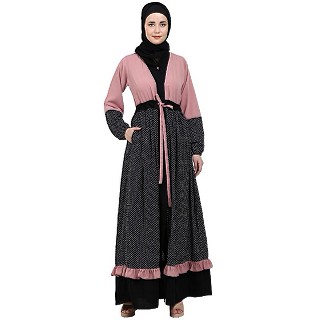Classic front open abaya with polka dot- Pink-Black
