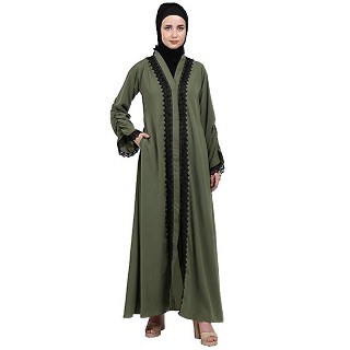 Front open abaya with black lace- Jade Green