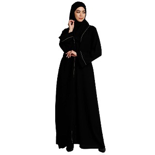 Front open abaya with piping work- Black