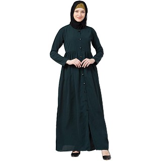 Front open abaya with pintucks- Bottle Green