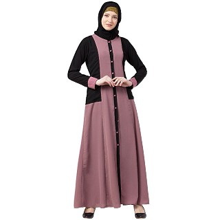 Dual colored front open abaya- Puce Pink-Black