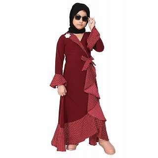 Designer abaya with Polka dotted frills for kids- Maroon
