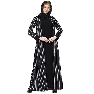 Double layered striped abaya- Black