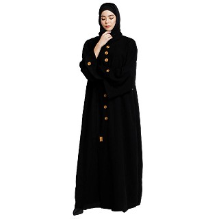 Loose fit abaya with embroidery button work- Black
