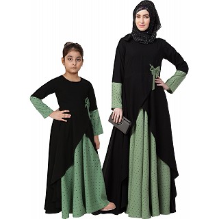 Polka dotted asymmetrical matching combo dress for mother and daughter- Green-black
