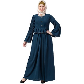 Designer Pintuck abaya with pearl work- Teal Green